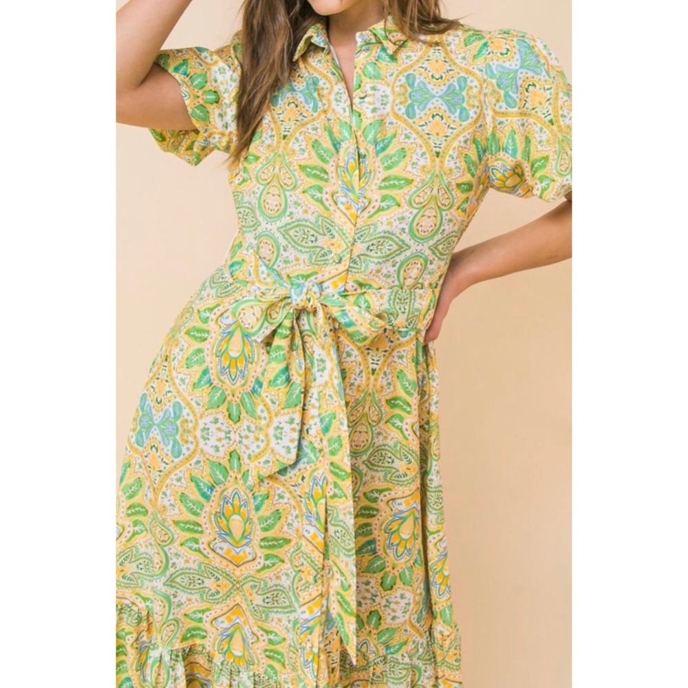 Flying Tomato Paisley Print Tie Waist Ruffle Hem Midi Dress - Picture 2 of 6